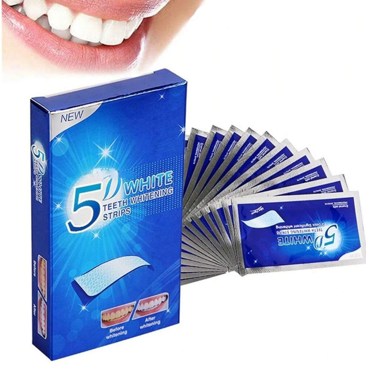 Tiras blanqueadoras 5D de Generic en empaque compacto para uso diario.