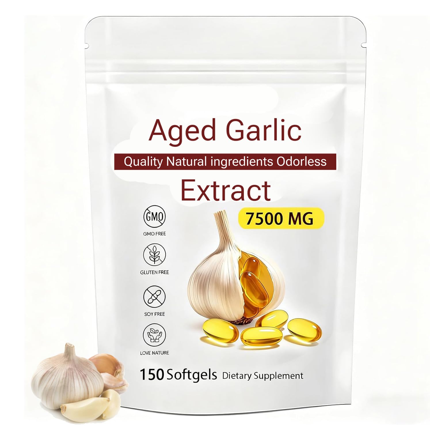Ajo envejecido 7500mg, frasco visible, fácil de usar.