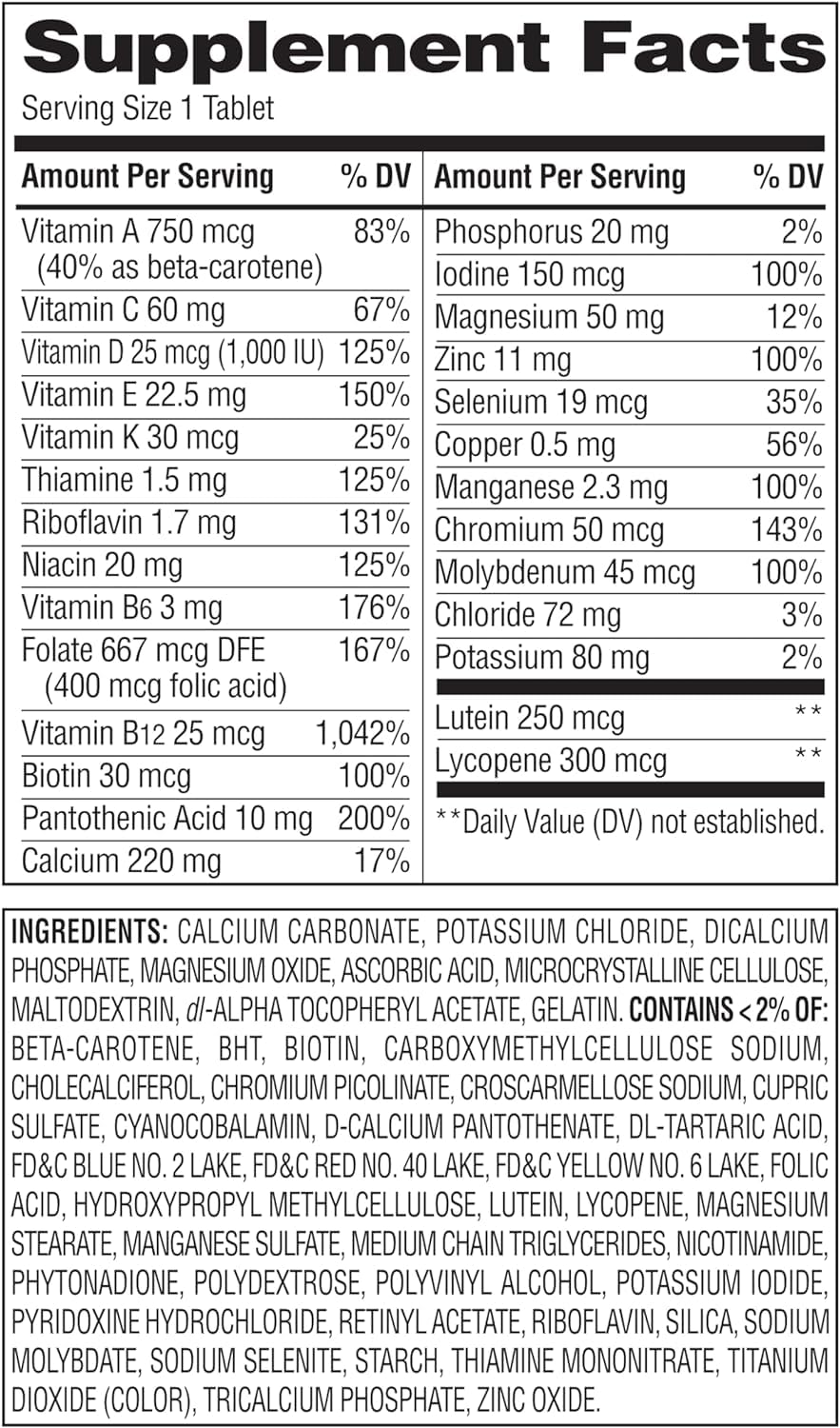 Equate 50+ etiqueta detallada con vitaminas clave para la rutina diaria