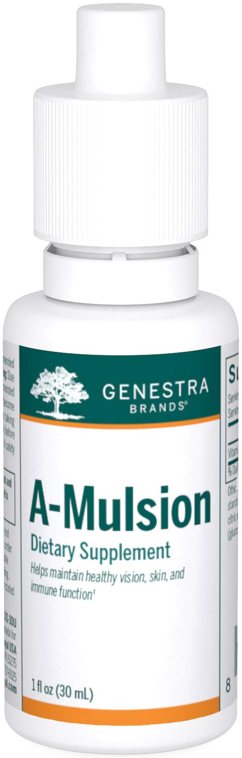 Genestra A-Mulsion, botella cítrica, apoya salud ocular y piel.