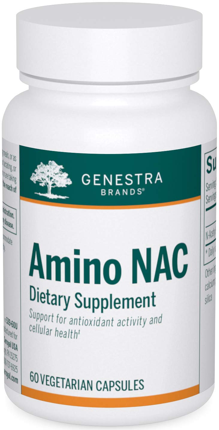 Genestra Amin NAC: botella de cápsulas para uso diario y apoyo al bienestar general.