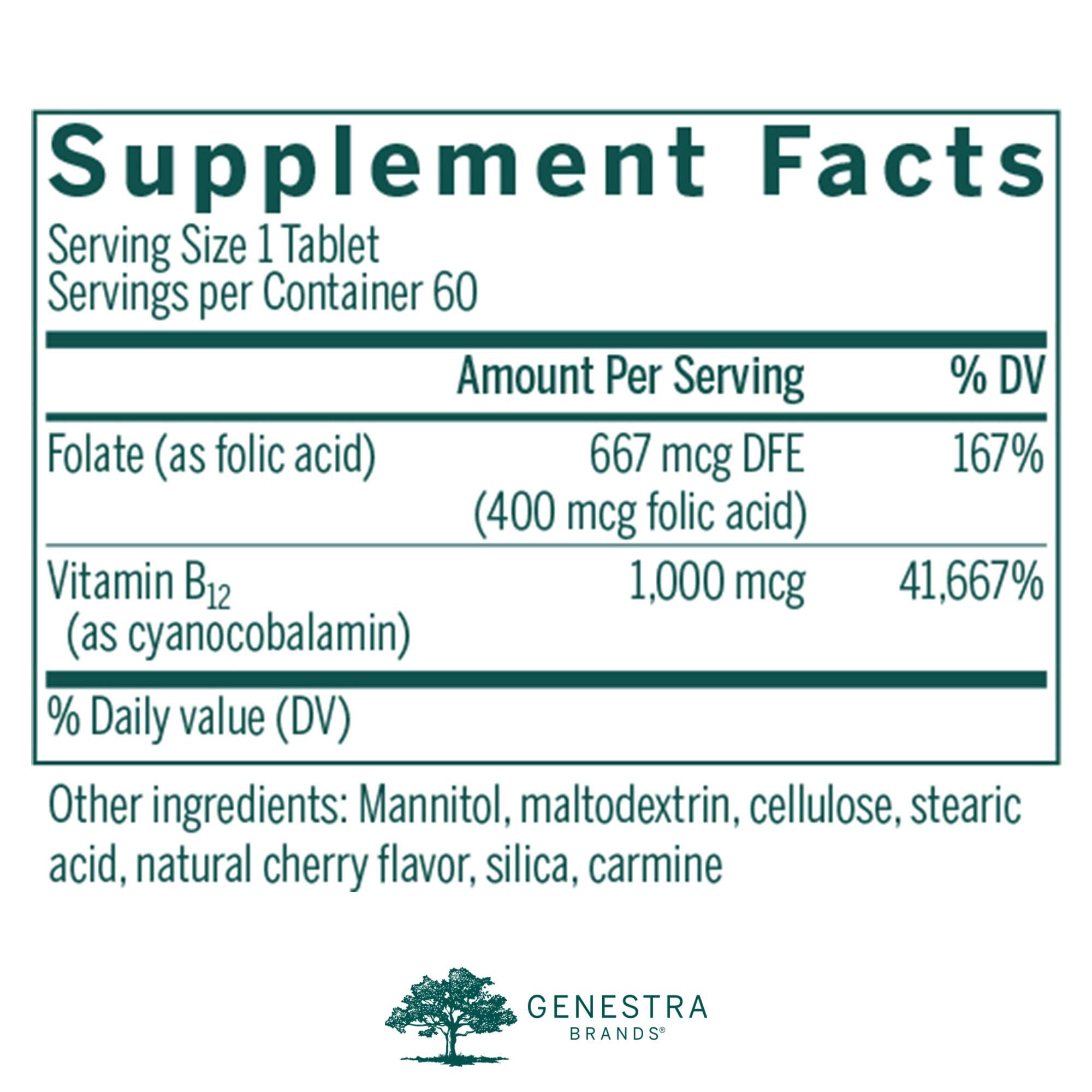 Genestra Brands Bio B12 + ácido fólico, detalle cercano, facilita metabolismo de carbohidratos.