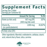 Genestra Brands Bio B12 + ácido fólico, detalle cercano, facilita metabolismo de carbohidratos.