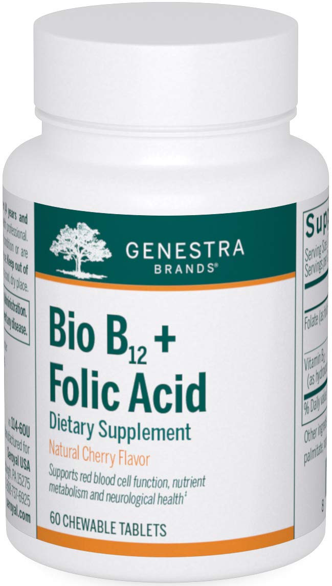 Genestra Brands Bio B12 + ácido fólico, frente de la botella, favorece glóbulos rojos.