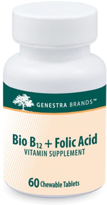 Genestra Brands Bio B12 + ácido fólico, botella sobre mesa, ingesta diaria.