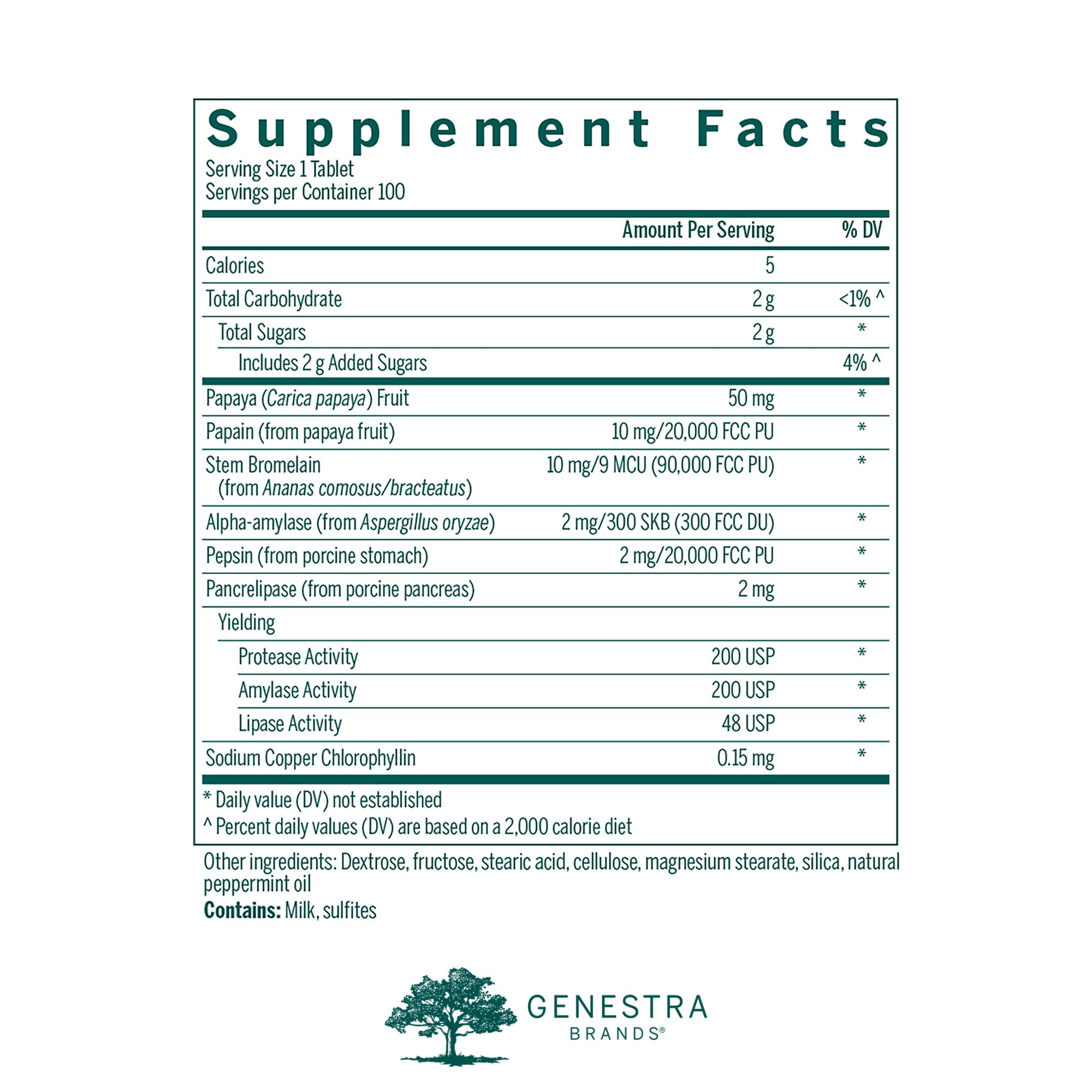Genestra Bio Enzymes: tableta masticable en primer plano, sabor menta natural.