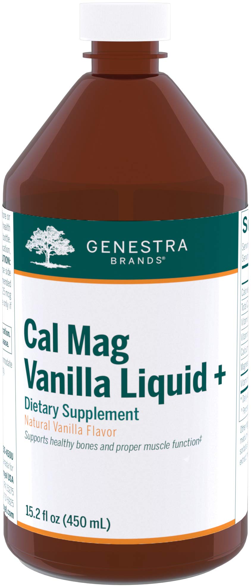 Genestra Brands Cal Mag Vanilla Liquid en botella para apoyo diario a la salud ósea.