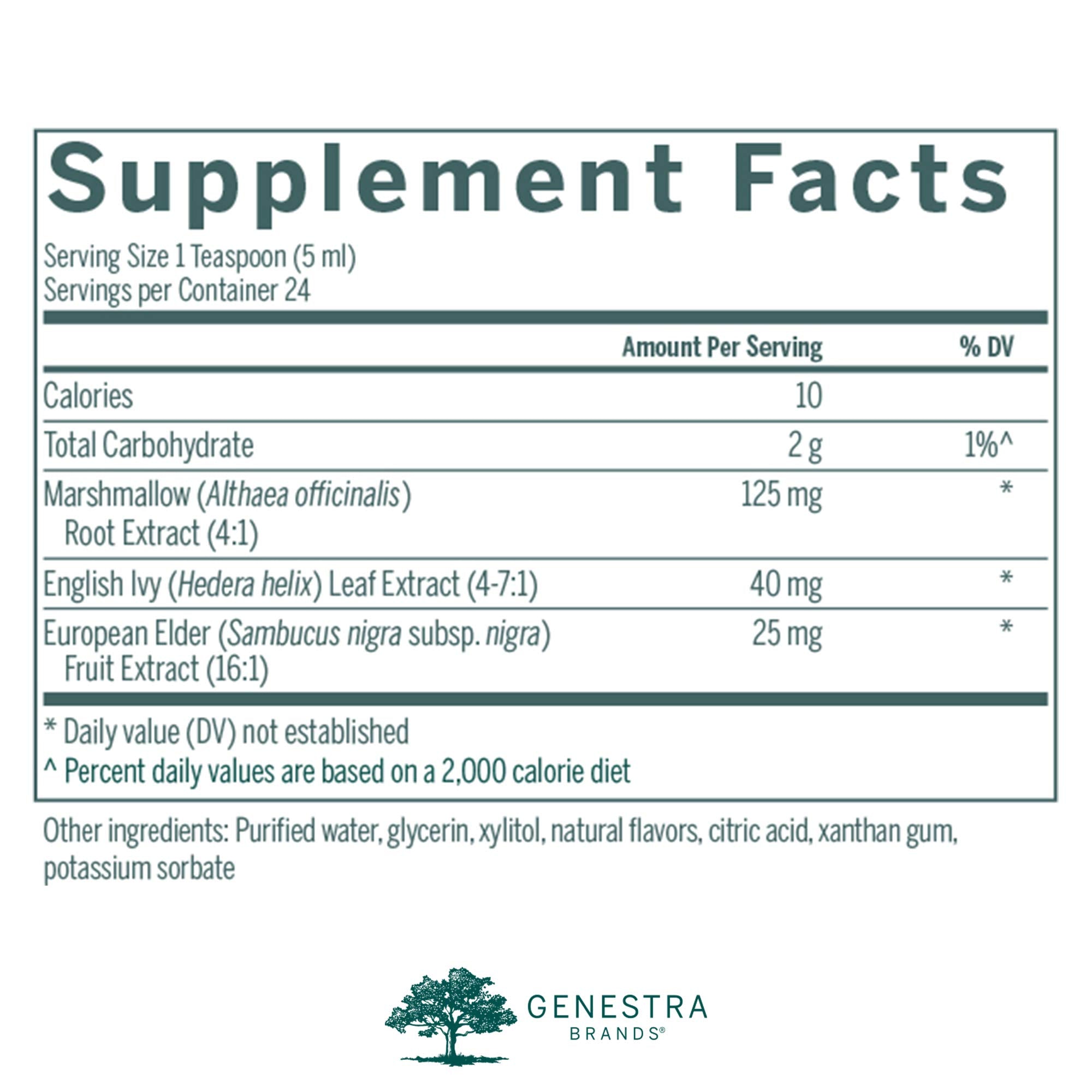 Genestra Brands jarabe hiedra inglesa, sabor frambuesa natural para toda la familia.