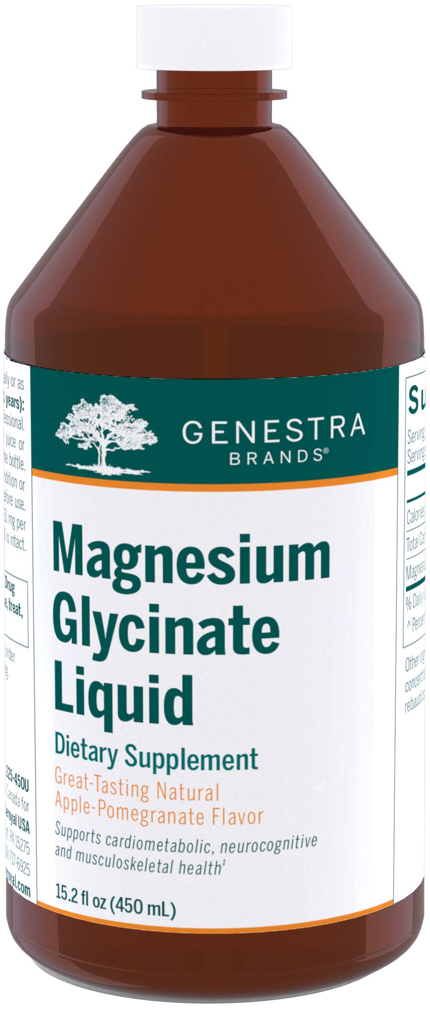 Genestra Brands Magnesio glicinato líquido, botella, apoya el metabolismo normal.