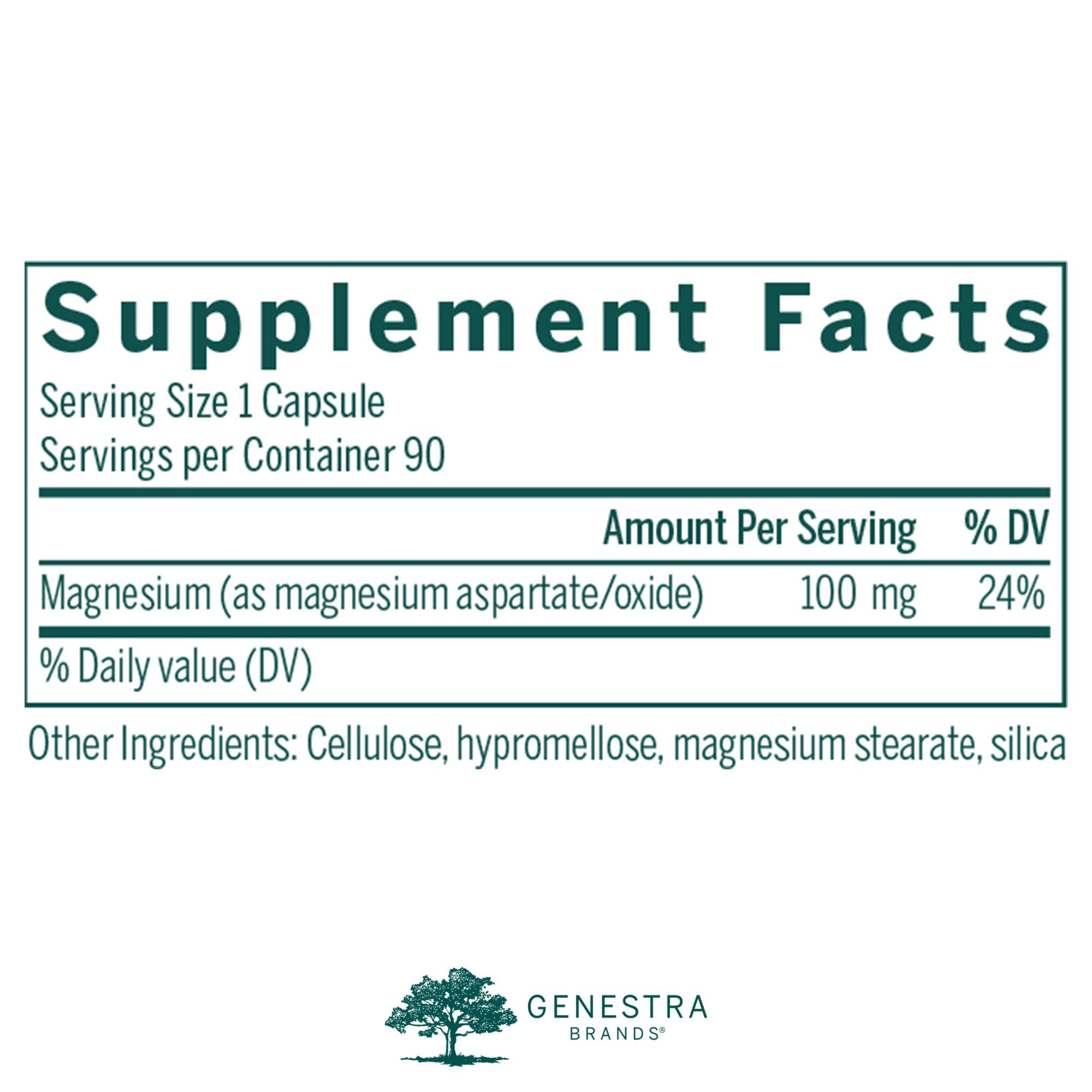 Genestra Brands Magnesium Aspartate, botella de 90 cápsulas para uso diario.