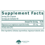 Genestra Brands Magnesium Aspartate, botella de 90 cápsulas para uso diario.