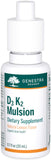 Genestra D3 K2 Mulsion en botella vertiendo, posible apoyo a la salud ósea.
