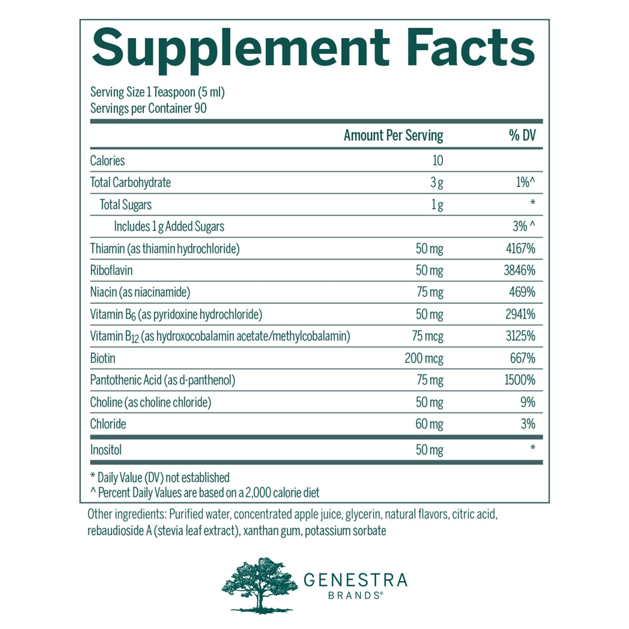 Genestra Liquid B Complex — vertido en vaso para disfrutar su sabor mandarina-cereza.