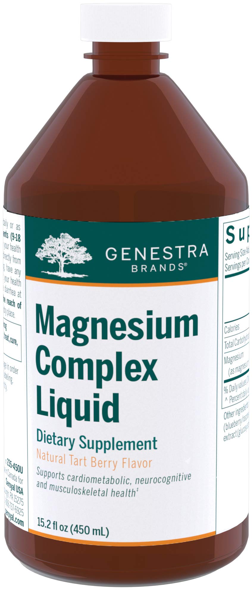 Genestra Magnesium Complex Líquido, botella frontal, posible apoyo diario.