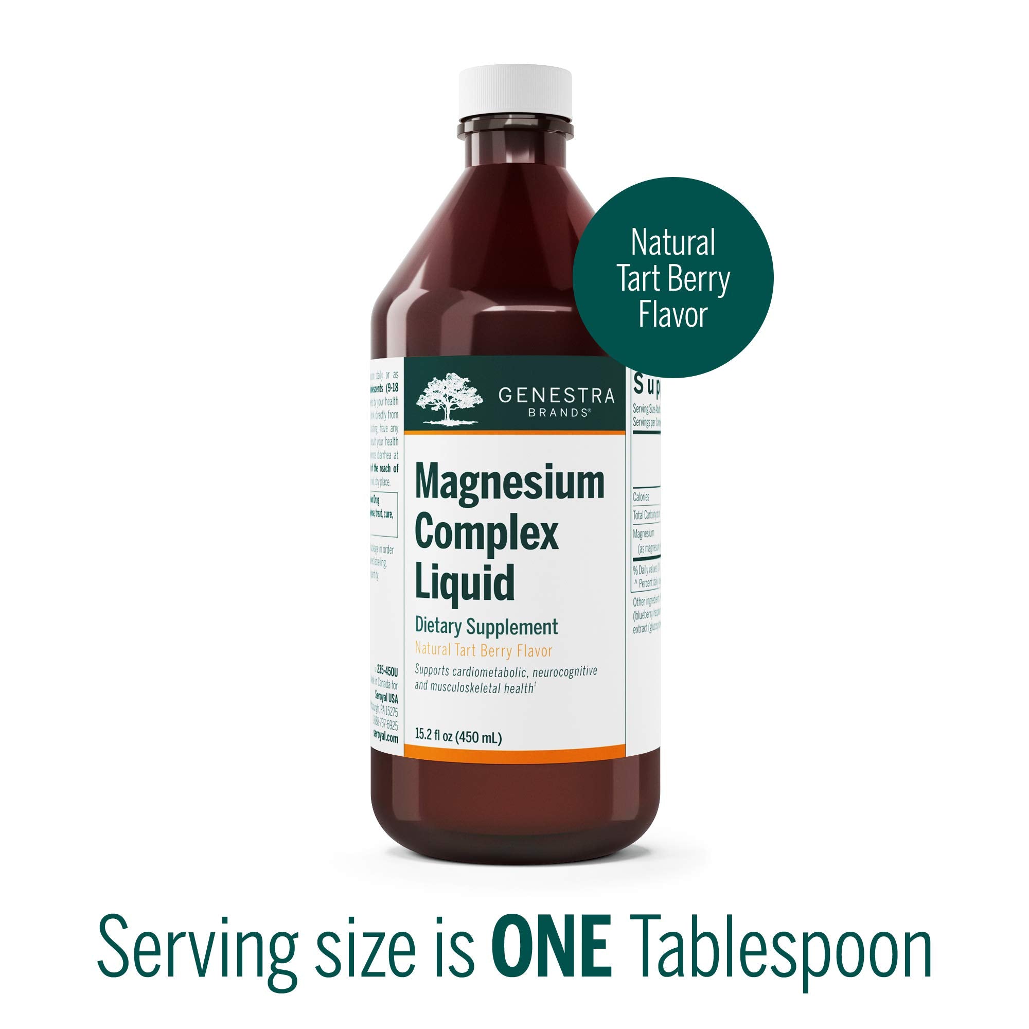 Genestra Magnesium Complex Líquido, etiqueta detallada, destacan fuentes orgánicas.
