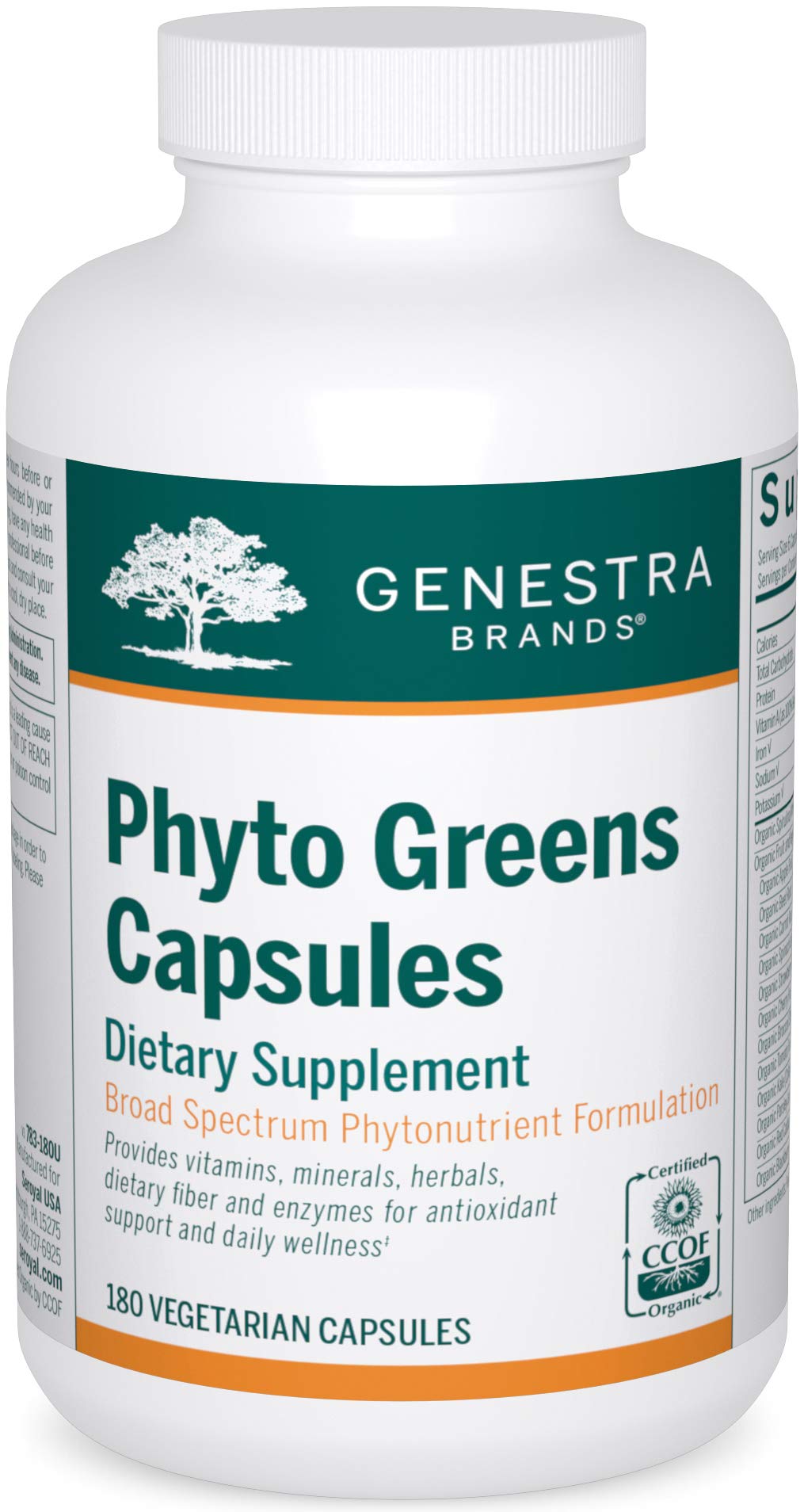 Genestra Phyto Greens Cápsulas, botella frontal para nutrición diaria equilibrada.