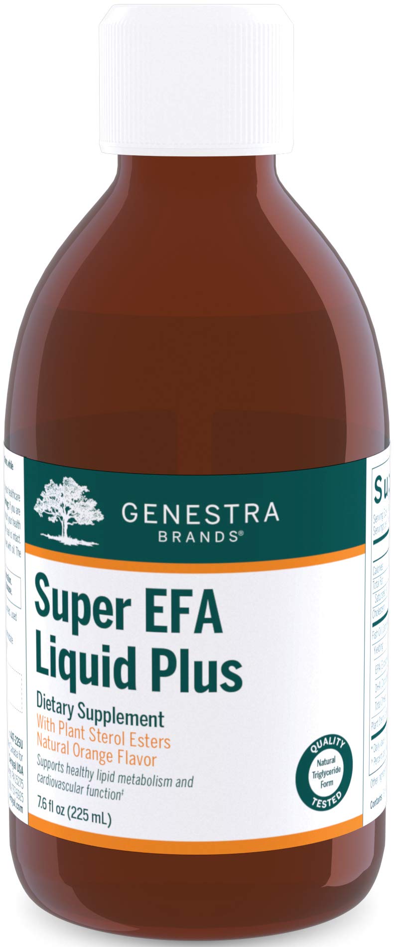 Genestra Super EFA Líquido Plus: botella con etiqueta, apoyo potencial a la salud lipídica y sabor cítrico.