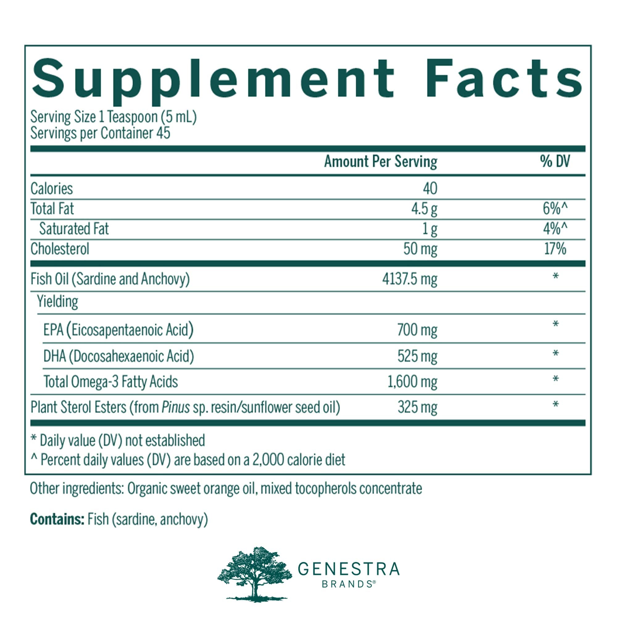 Genestra Super EFA Líquido Plus: etiqueta nutricional clara y guía de dosis para uso diario.