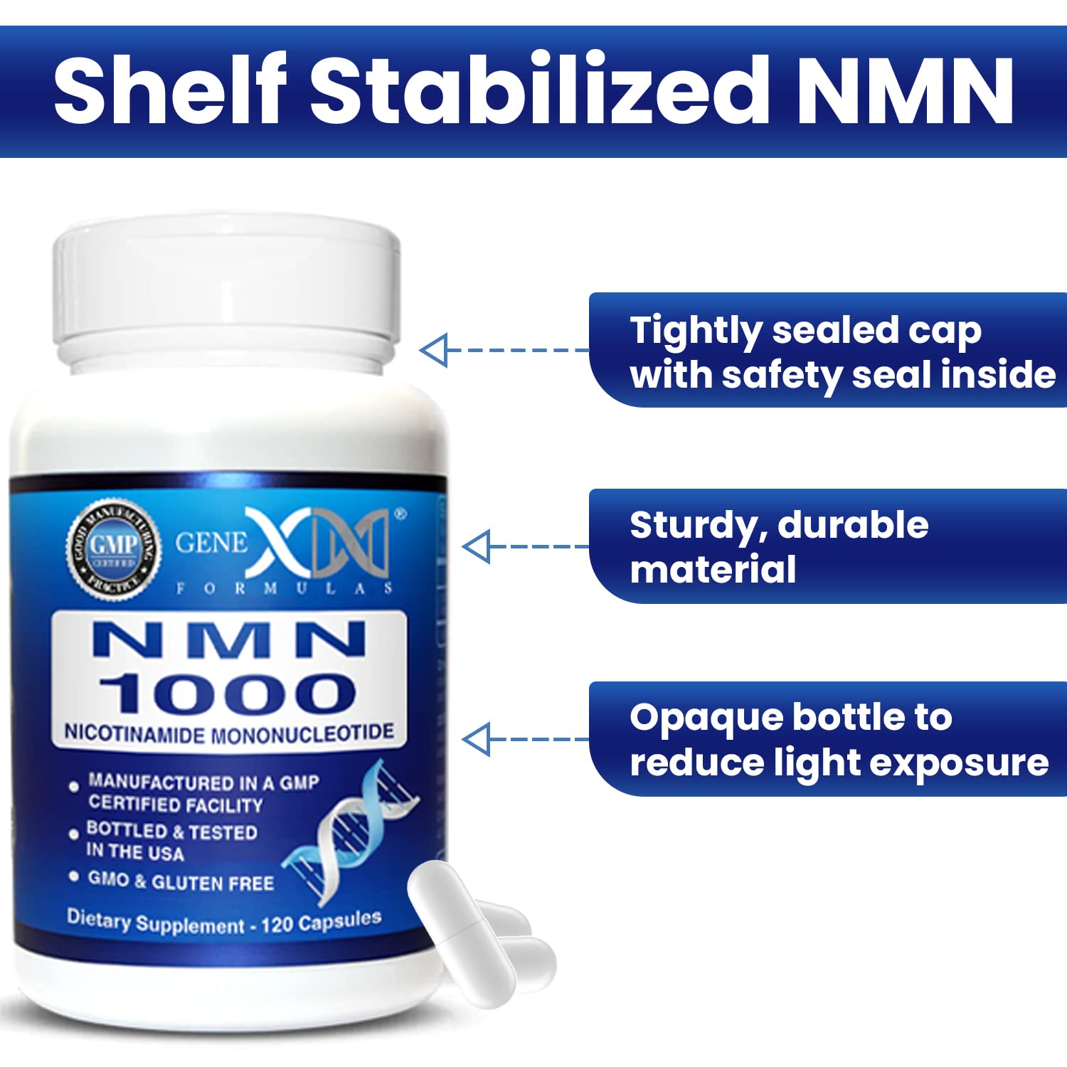 Genex Formulas NMN 1000mg bottle storage in cool, dry place
