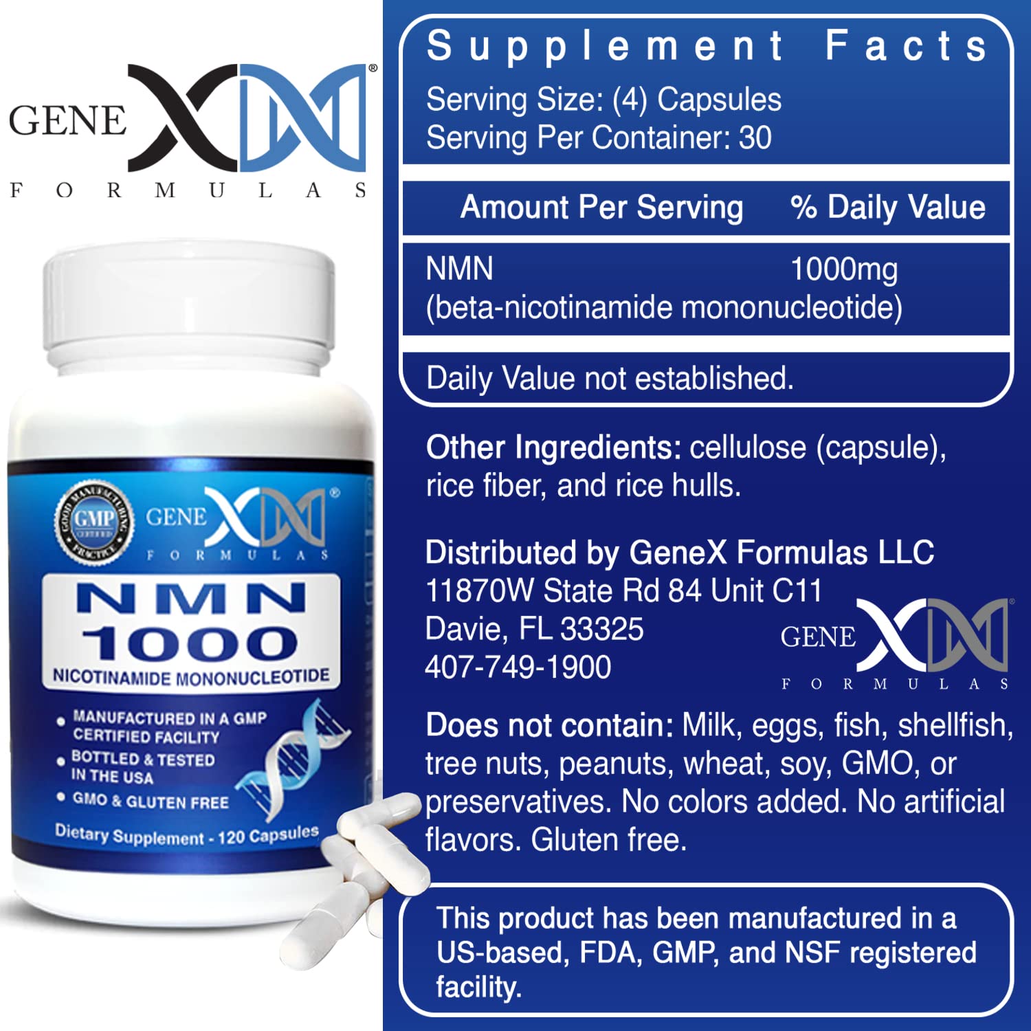 Genex Formulas NMN 1000mg capsules close-up showing unflavored capsules