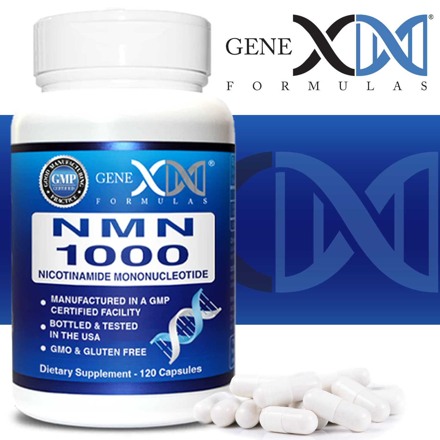 Genex Formulas NMN 1000mg bottle with GMP NSF badges