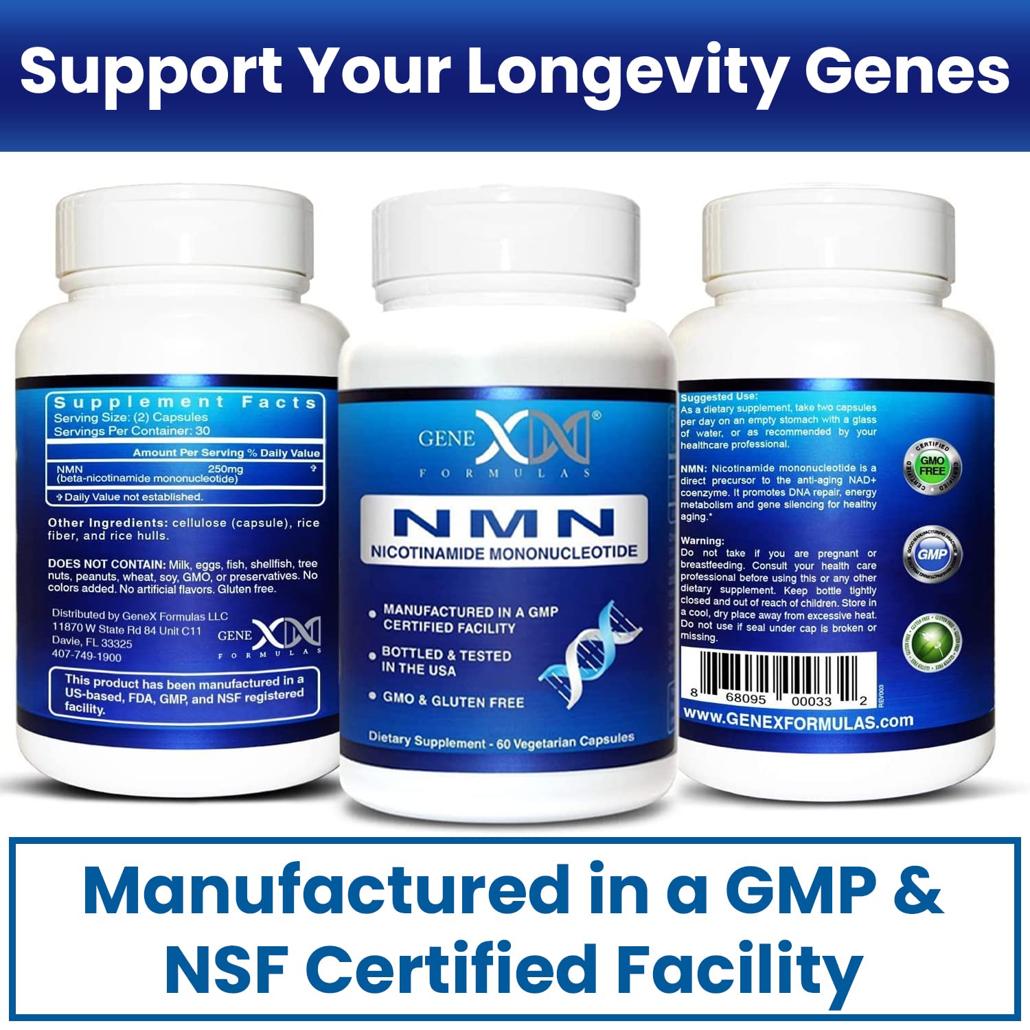 Genex Formulas NMN 250mg, cápsulas fáciles de tragar para uso diario
