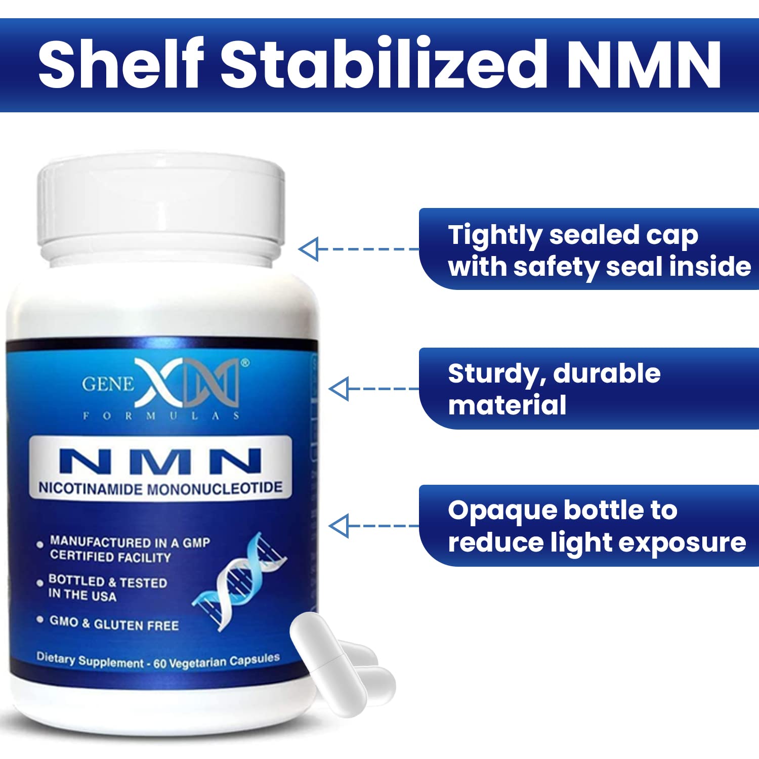 Genex Formulas NMN 250mg, empaque externo resistente para almacenamiento