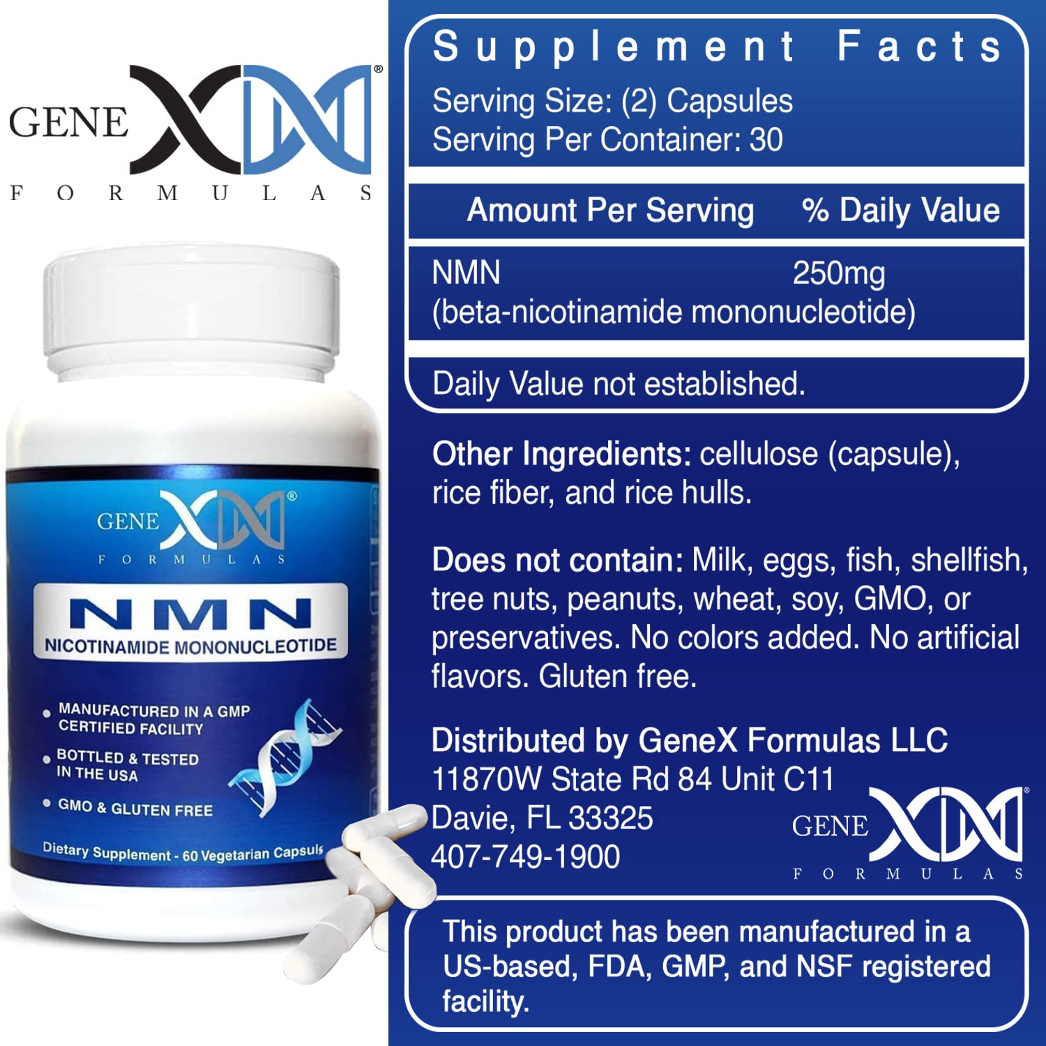 Genex Formulas NMN 250mg, etiqueta con COA para transparencia