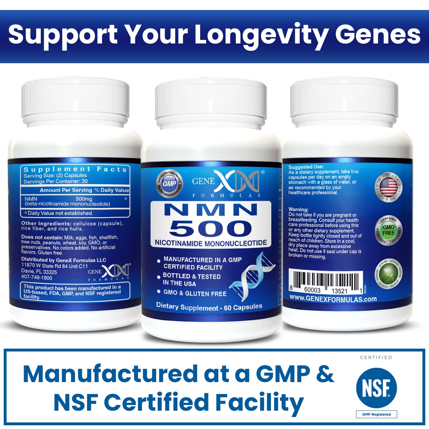 Genex Formulas NMN libre de OGM, gluten y vegano