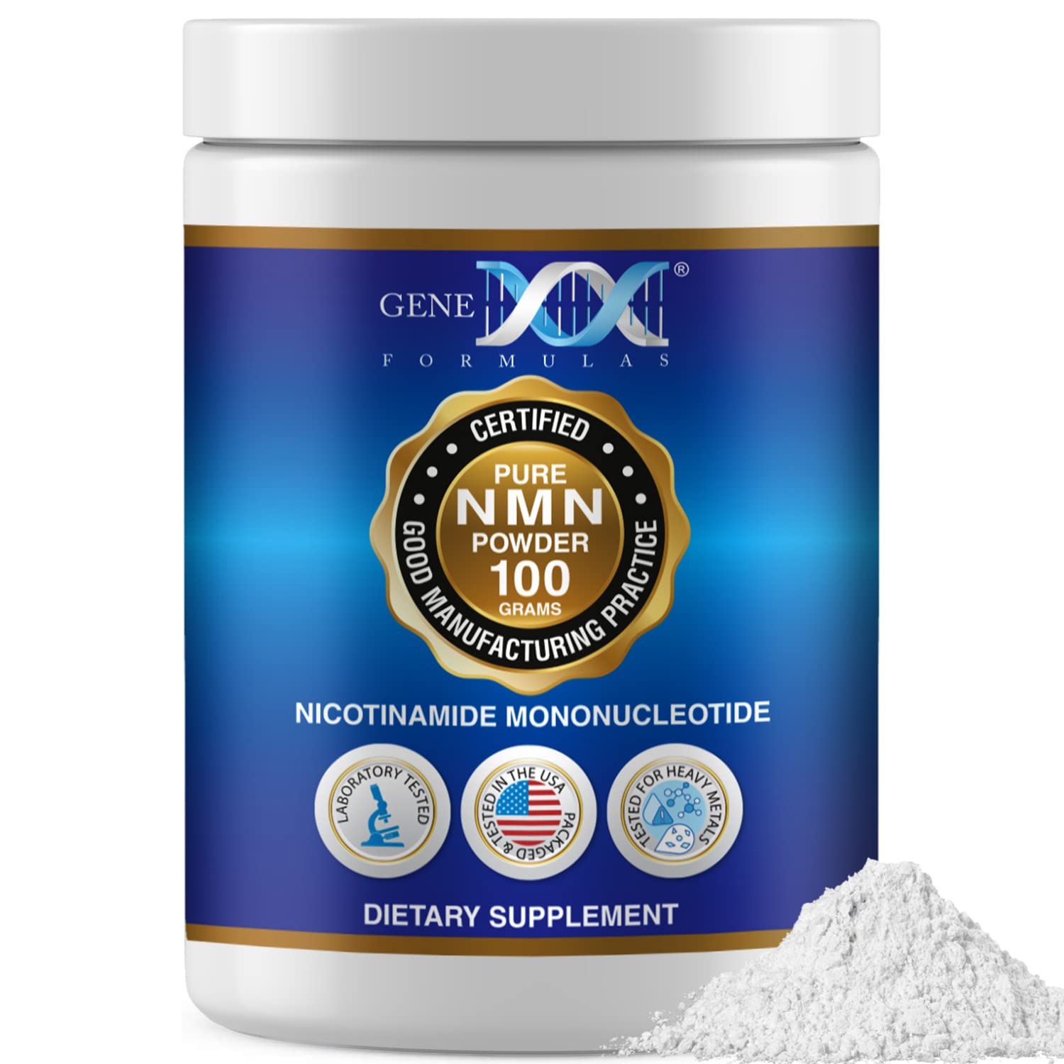 Genex Formulas NMN polvo 100 g en bote, disolución rápida para uso diario.
