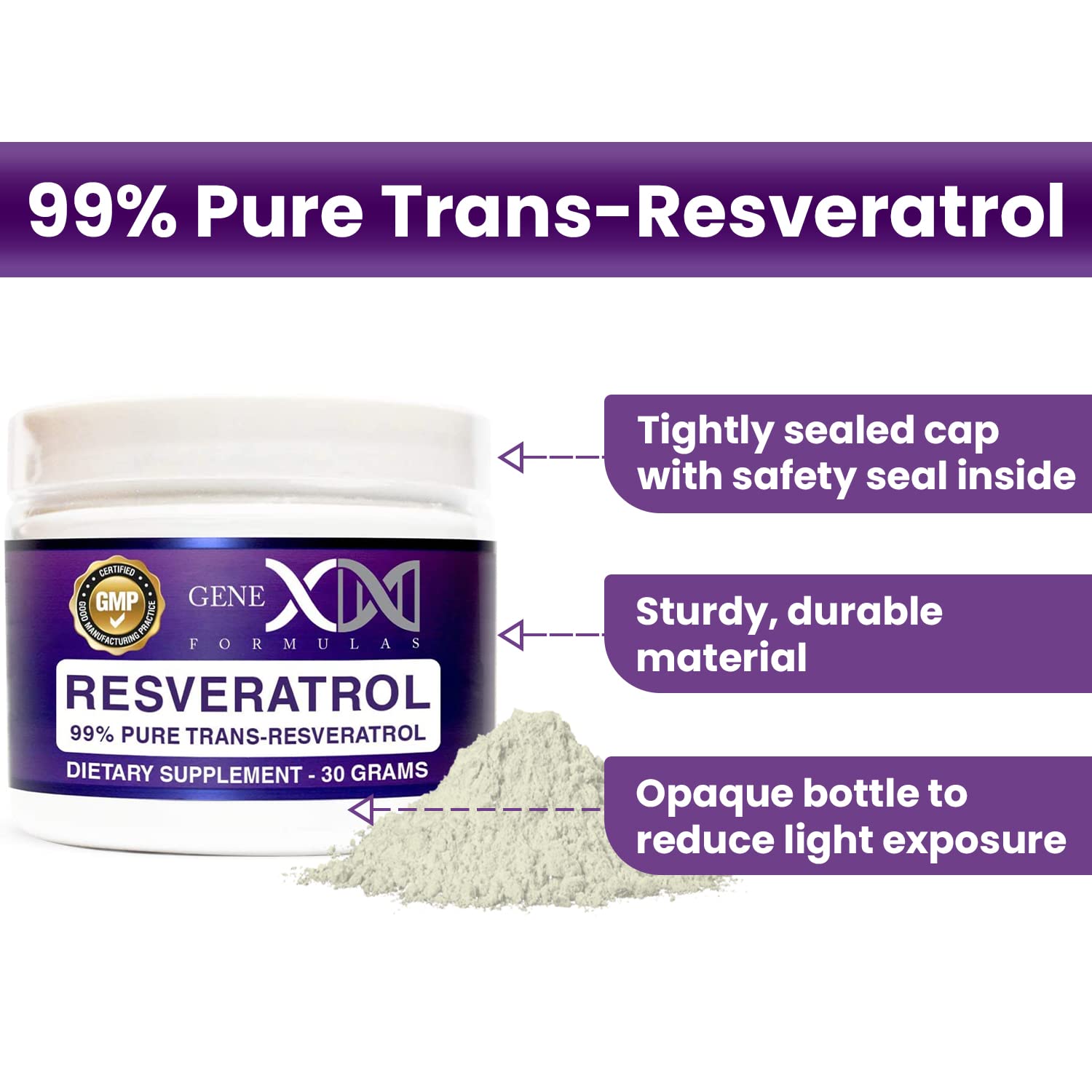 Genex Formulas Trans-Resveratrol, certificado GMP NSF, calidad garantizada