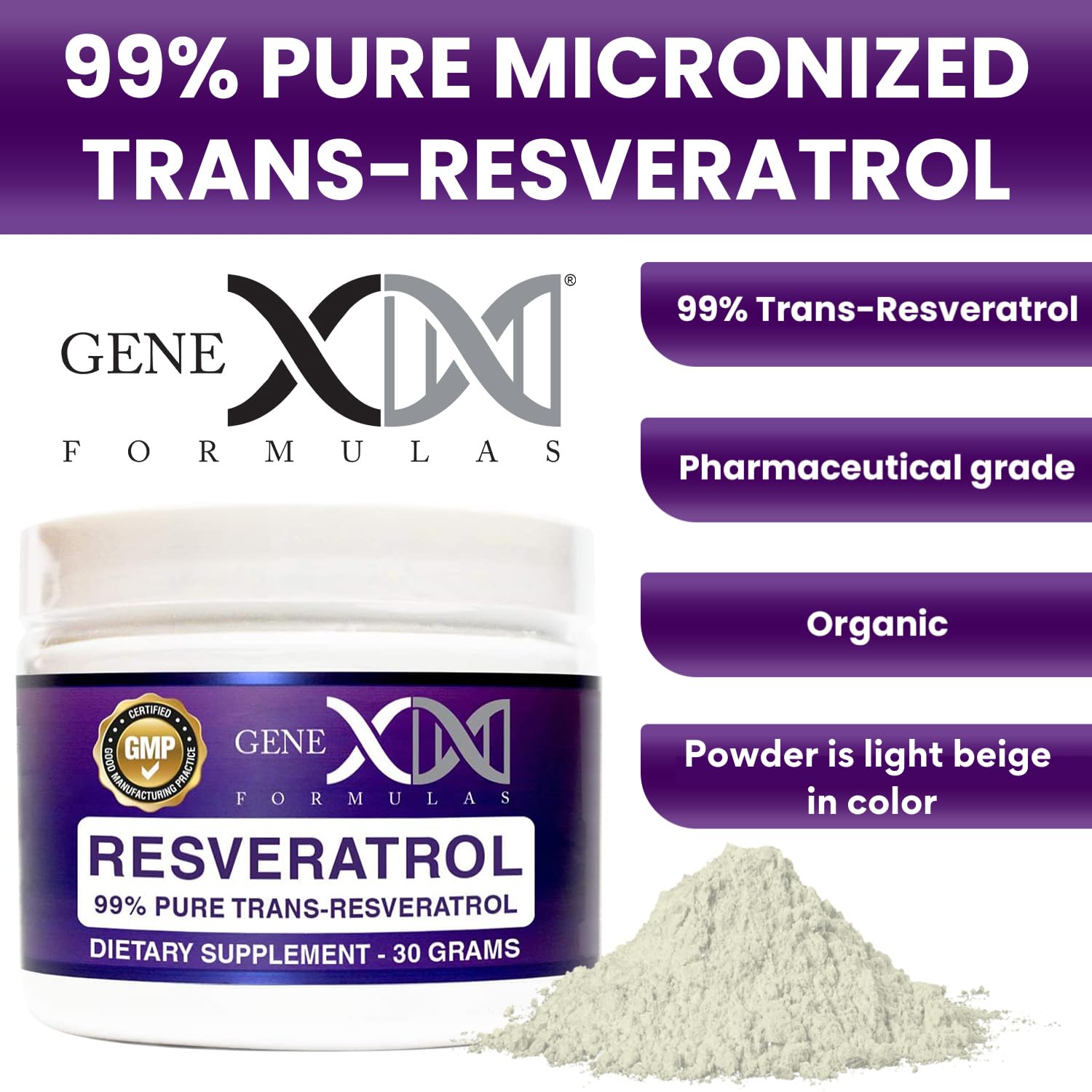 Genex Formulas Resveratrol Trans polvo micronizado, textura fina para mezclas