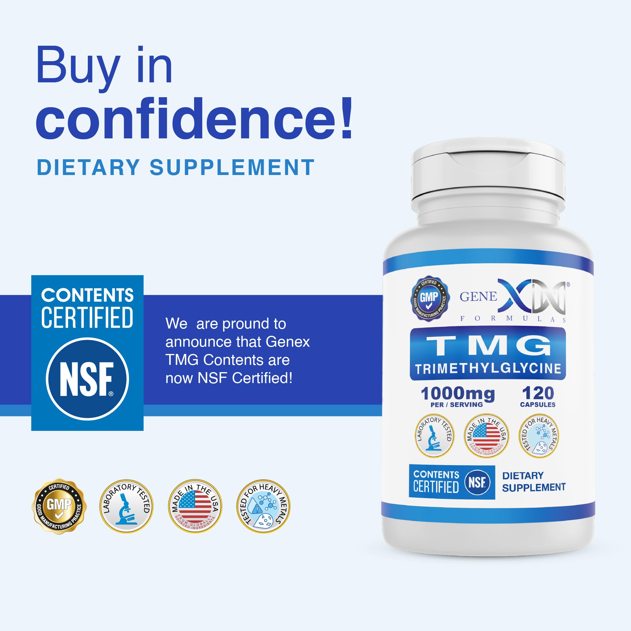 Genex Formulas TMG frasco listo para dosis de 1000 mg