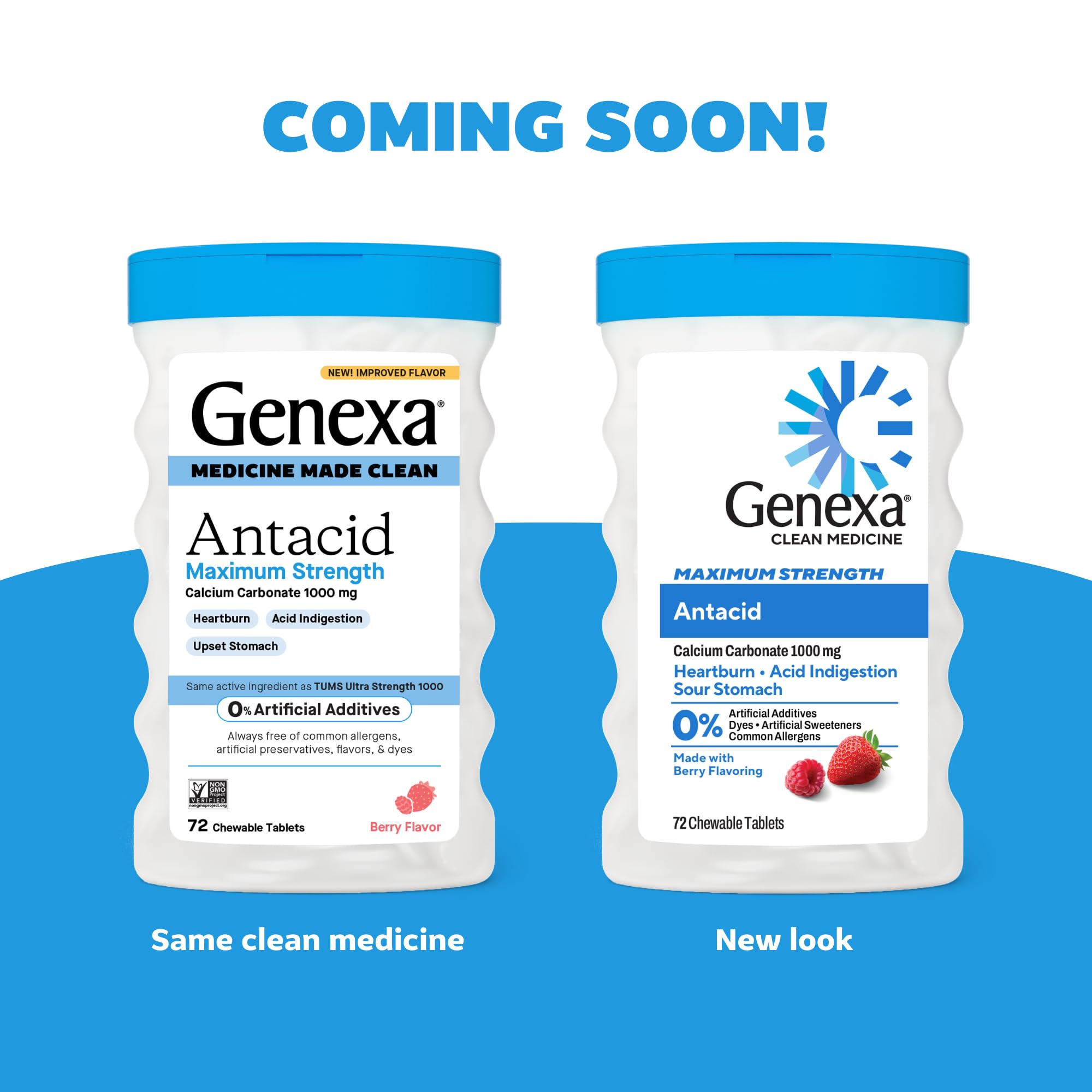 Genexa Clean Antácido Tabletas, caja trasera; información clara sobre ingredientes sin colorantes.