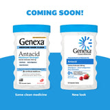 Genexa Clean Antácido Tabletas, caja trasera; información clara sobre ingredientes sin colorantes.