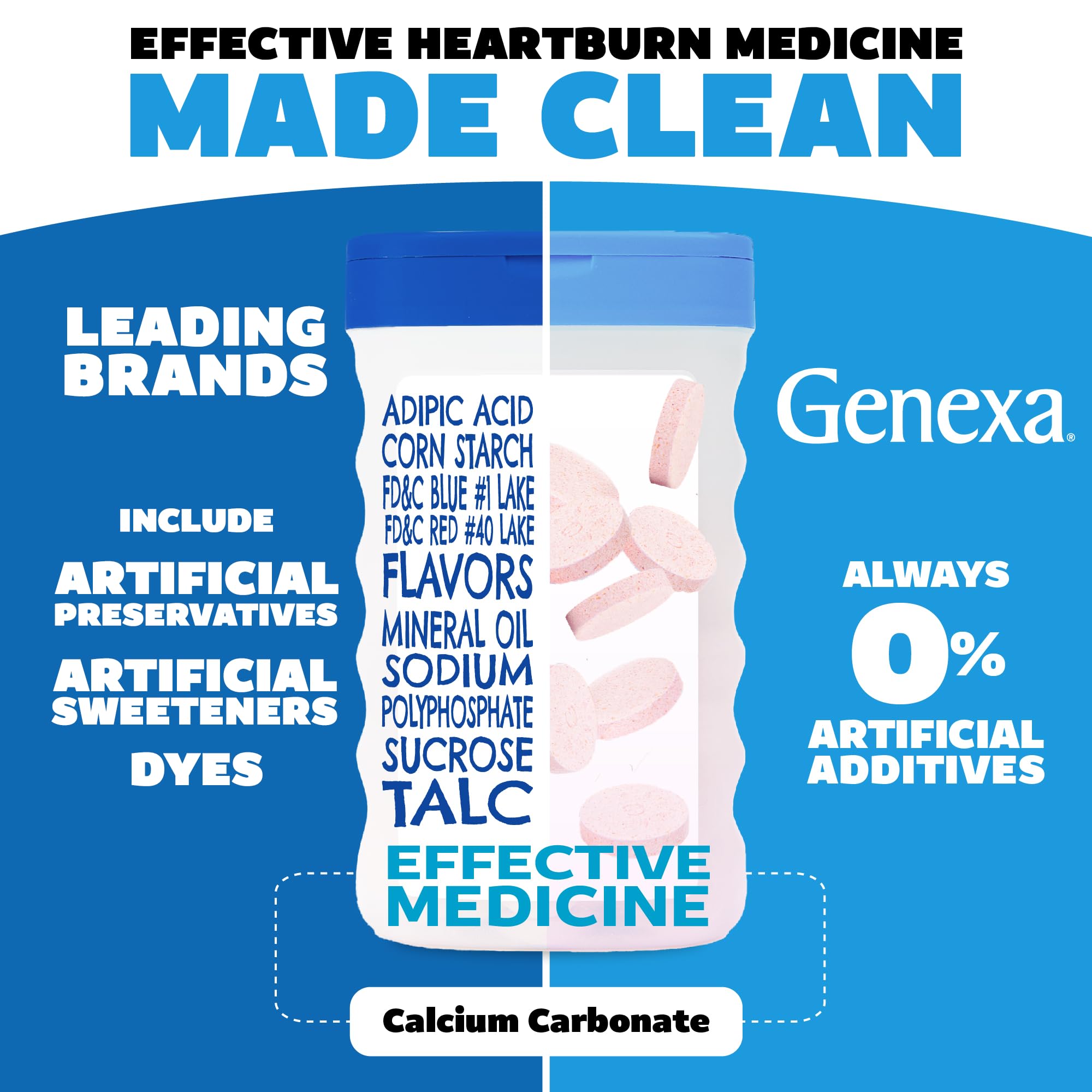 Genexa Clean Antácido Tabletas en mano; formato masticable para uso diario.