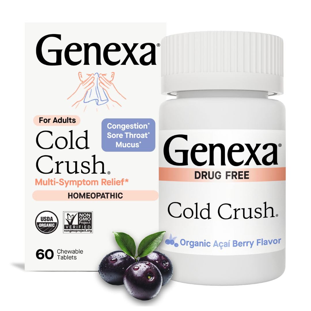 Genexa Cold Crush envase orgánico, fácil de usar para apoyar síntomas del resfriado.