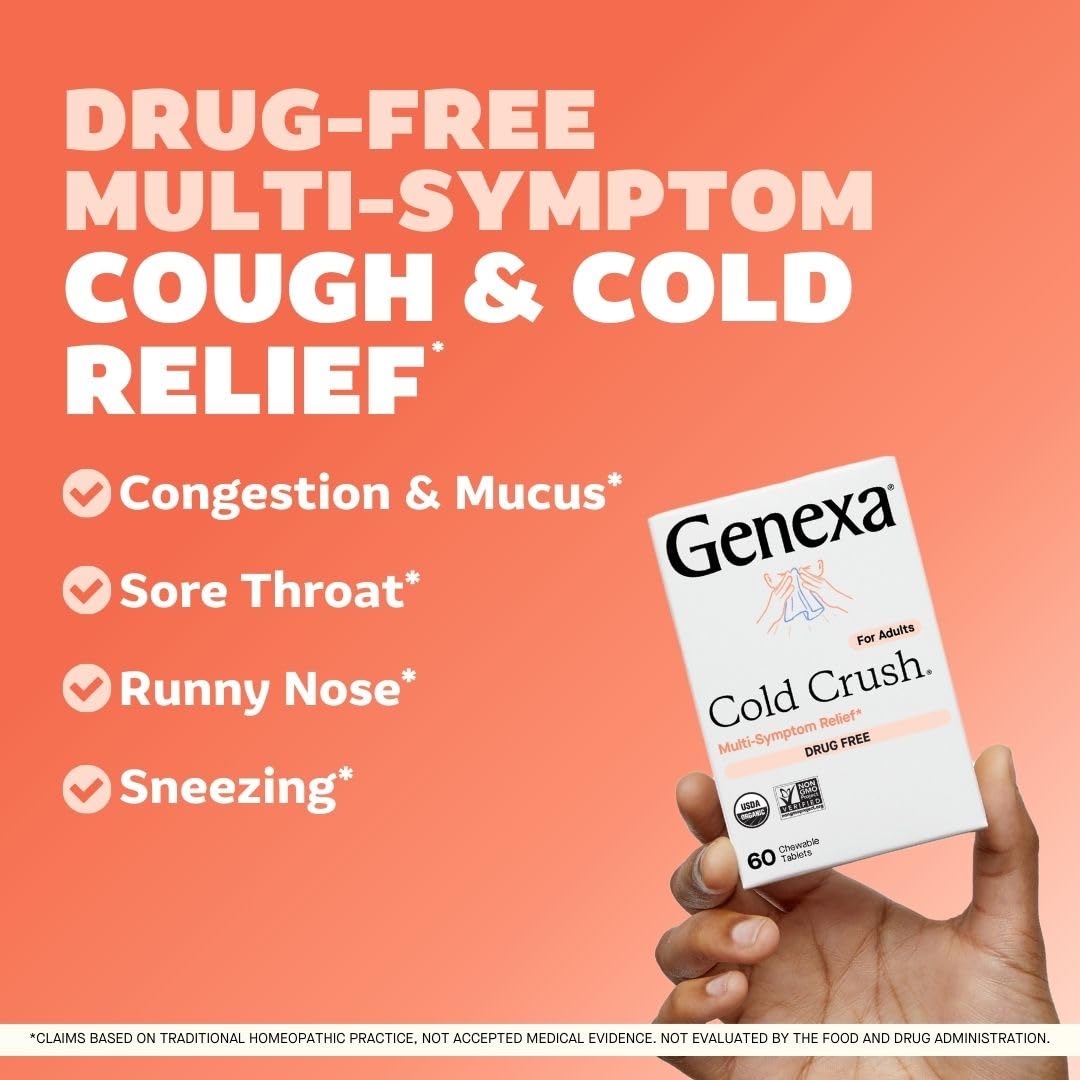 Genexa Cold Crush tabletas masticables, sabor acai, opción sin somnolencia.
