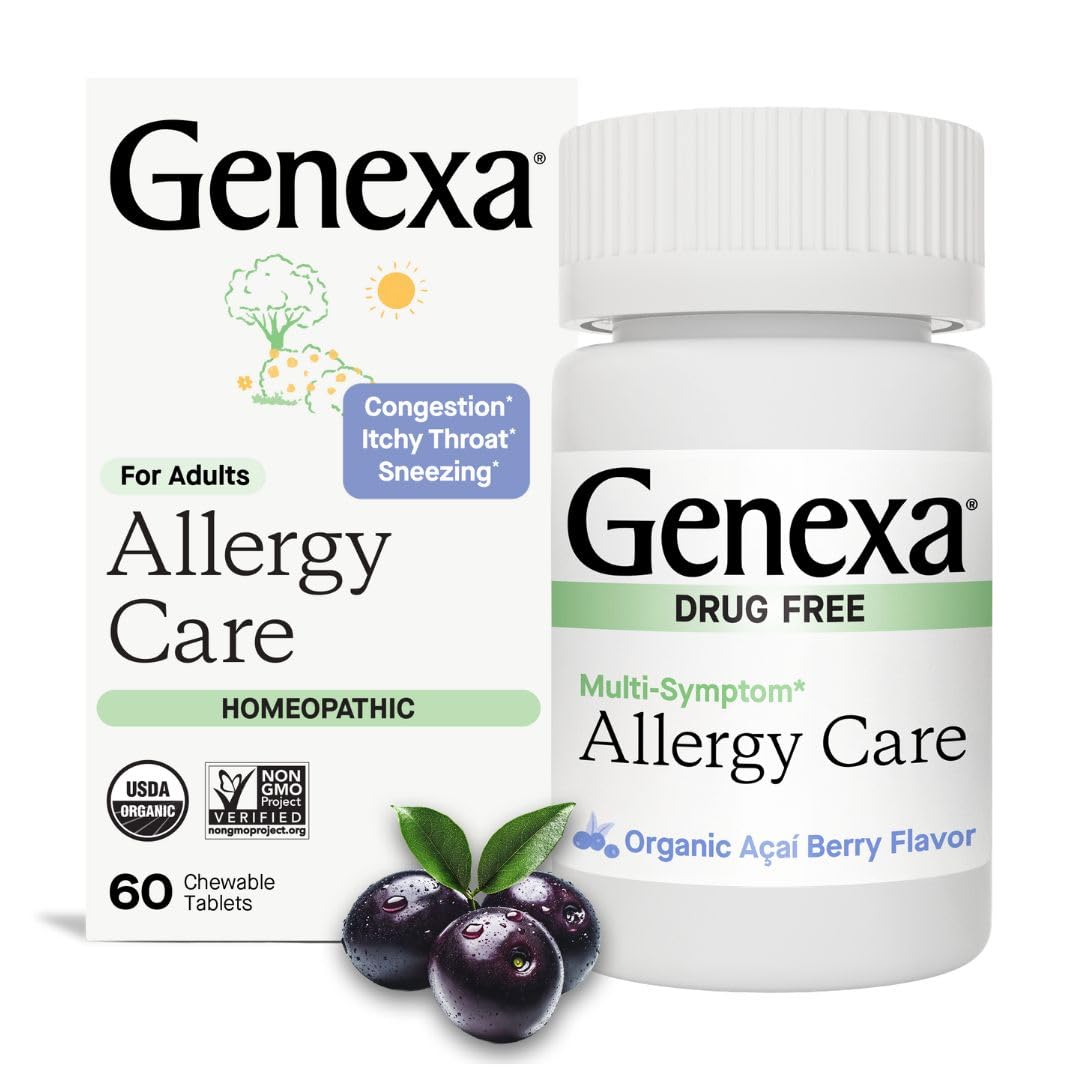 Genexa Cuidado de Alergias tableta masticable con sabor acai para alivio multisíntomas.