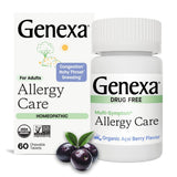 Genexa Cuidado de Alergias tableta masticable con sabor acai para alivio multisíntomas.