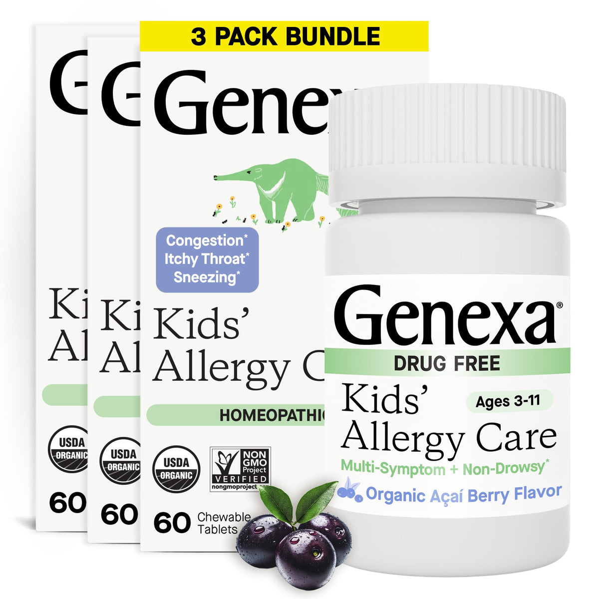 Genexa Kids Allergy Care empaque frontal, opción conveniente para familias