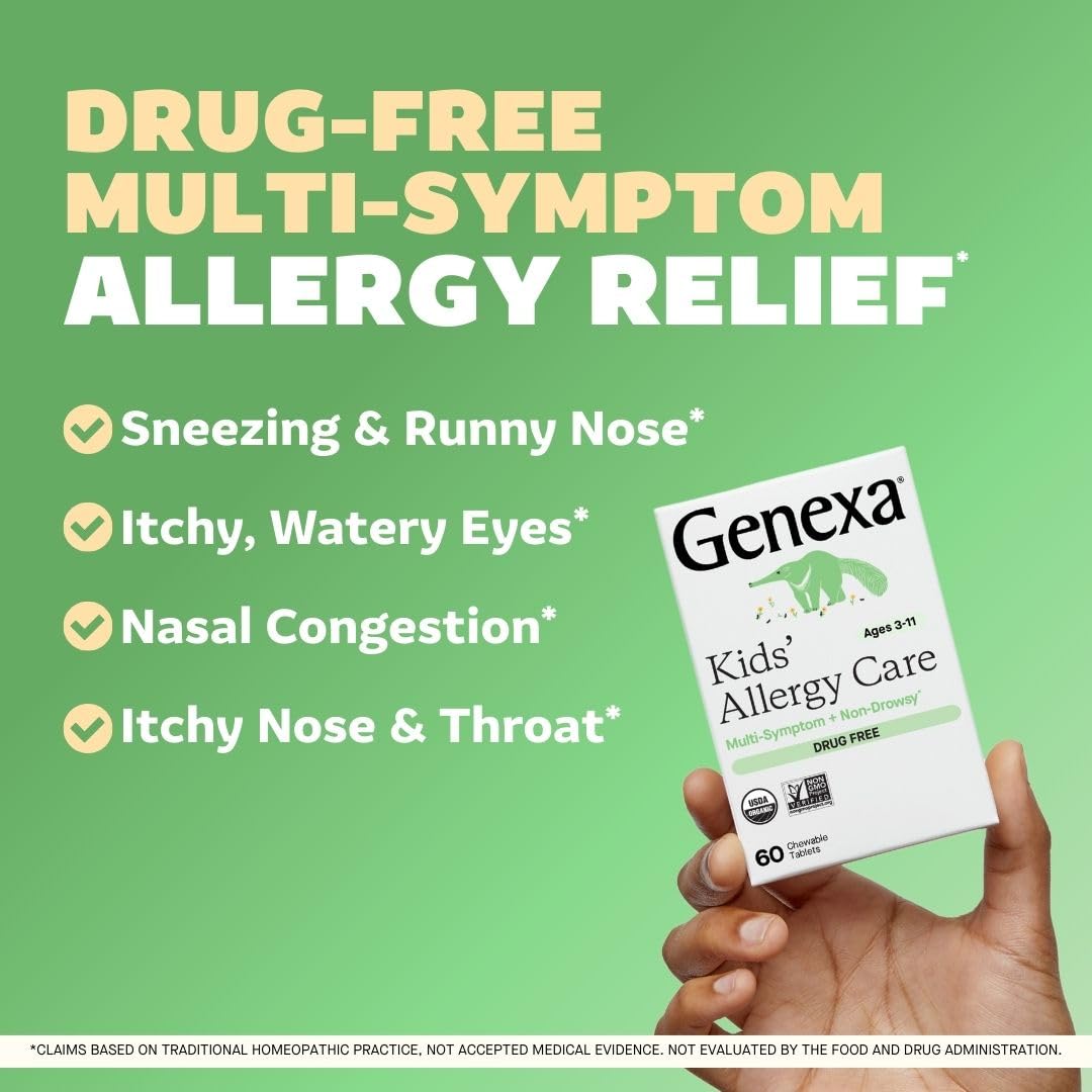 Genexa para niños, sabor acai, alivio suave de alergias sin esfuerzo.
