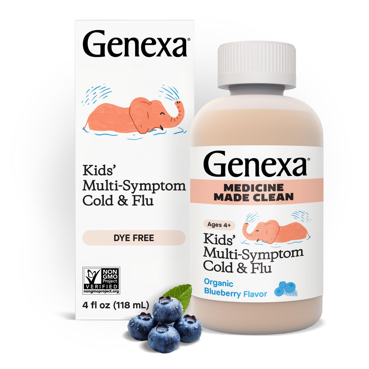 Genexa Kids frasco gotero con sabor arándano orgánico para alivio suave.