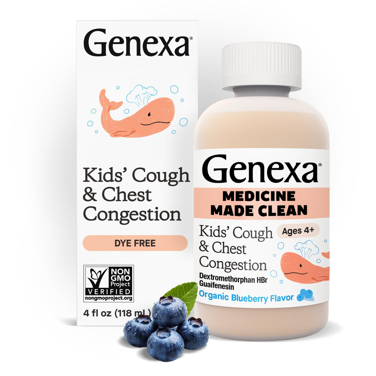 Genexa Kids jarabe para tos y congestión, sabor arándano orgánico, uso seguro para niños