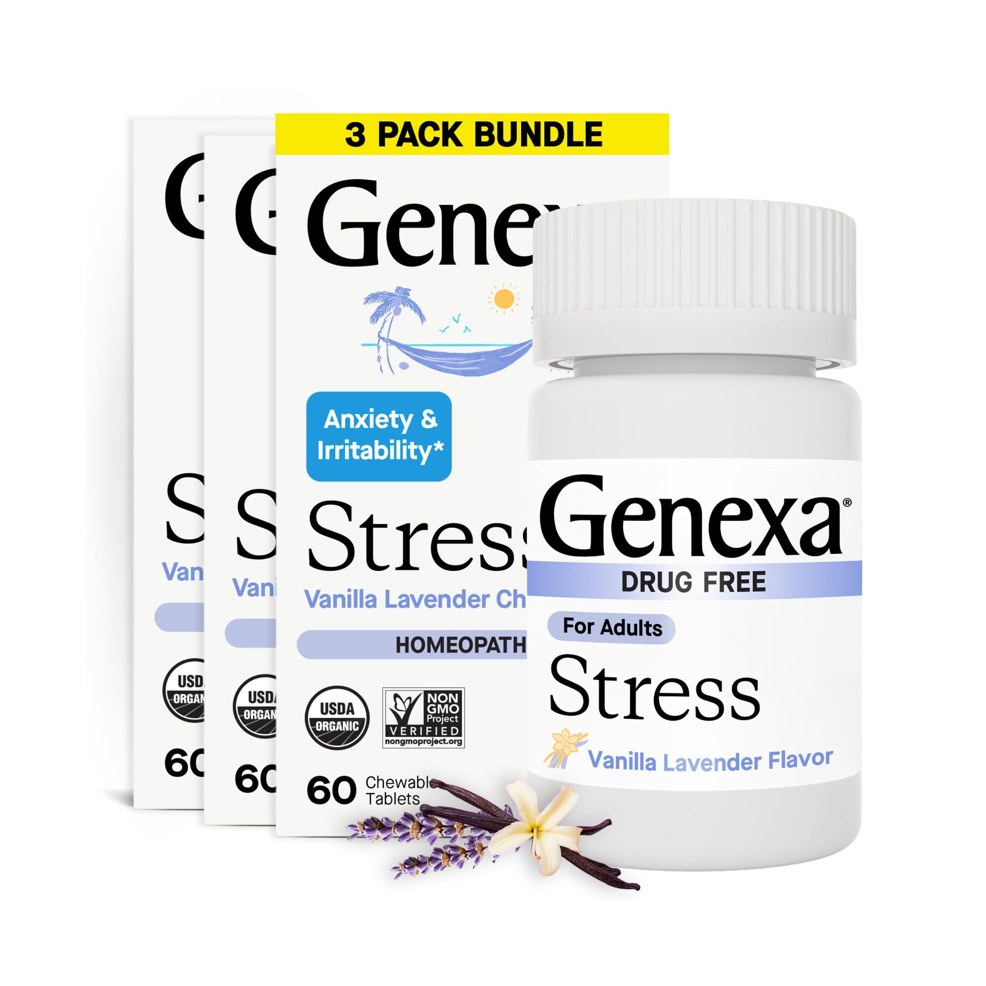 Genexa Stress para adultos, tabletas masticables con vainilla y lavanda para relajación diaria.