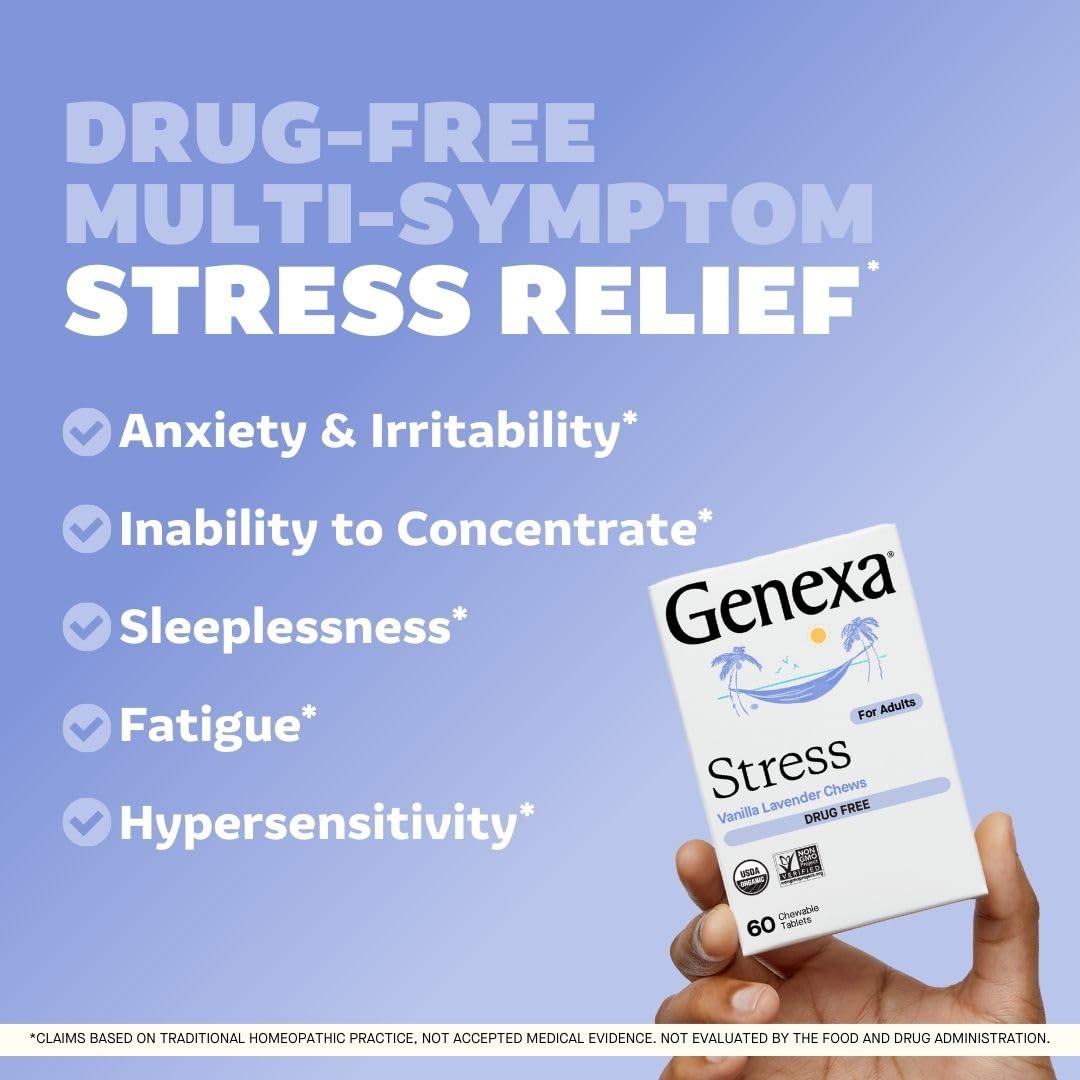Genexa Stress Relief: envase de 60 tabletas para tener a mano.