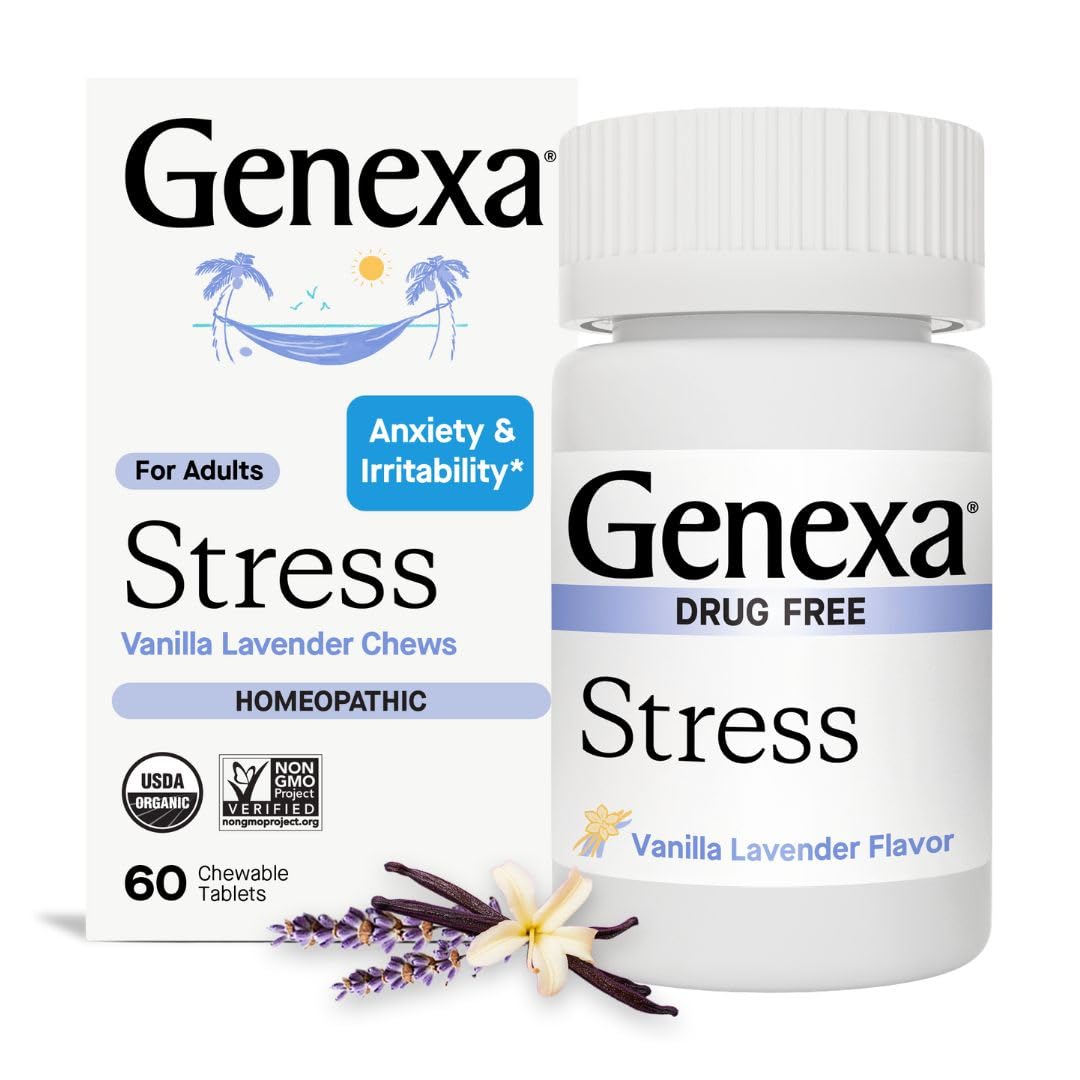 Genexa Stress Relief, tableta de vainilla-lavanda para uso diario.