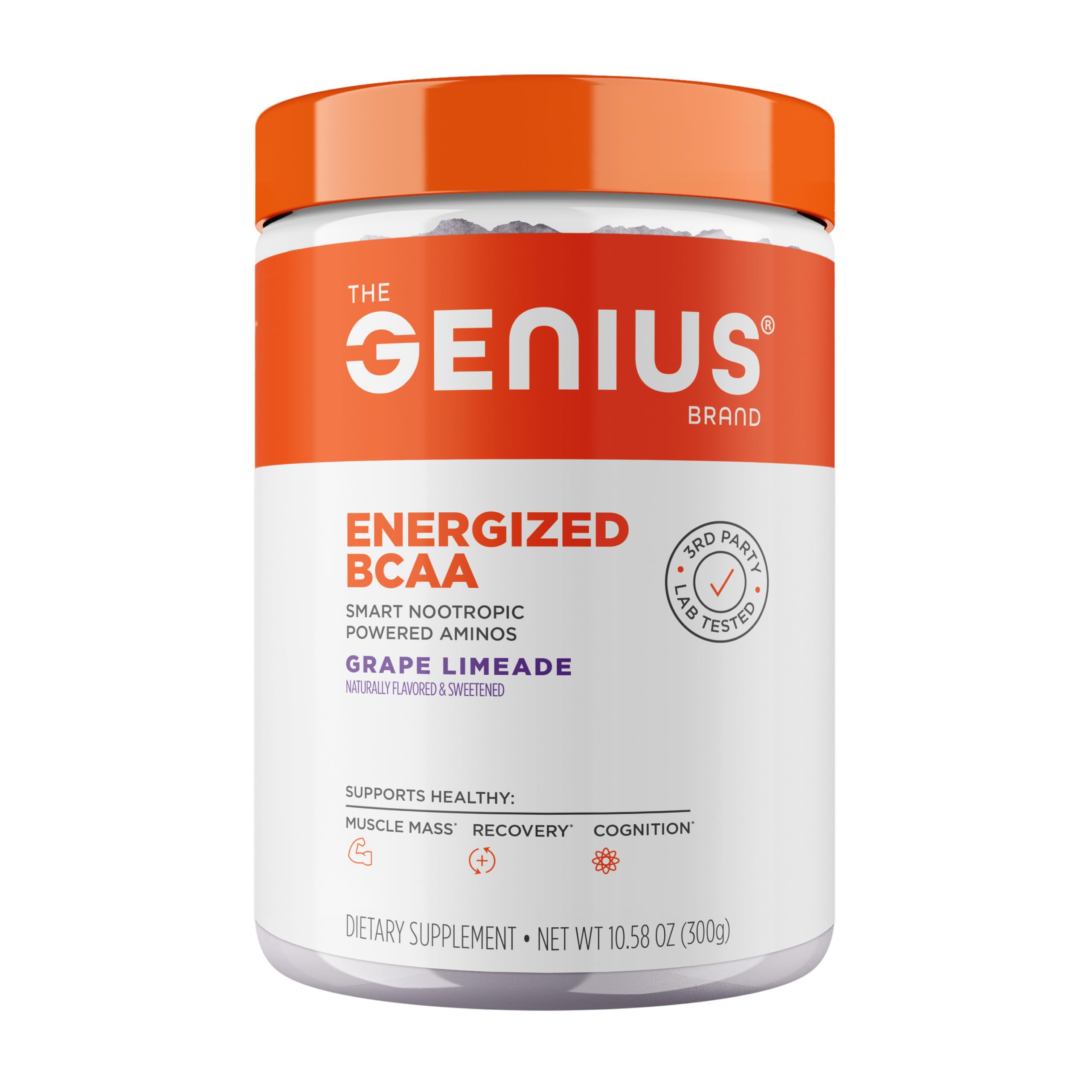 Genius BCAA en botella con sabor uva-lima para energía y recuperación.