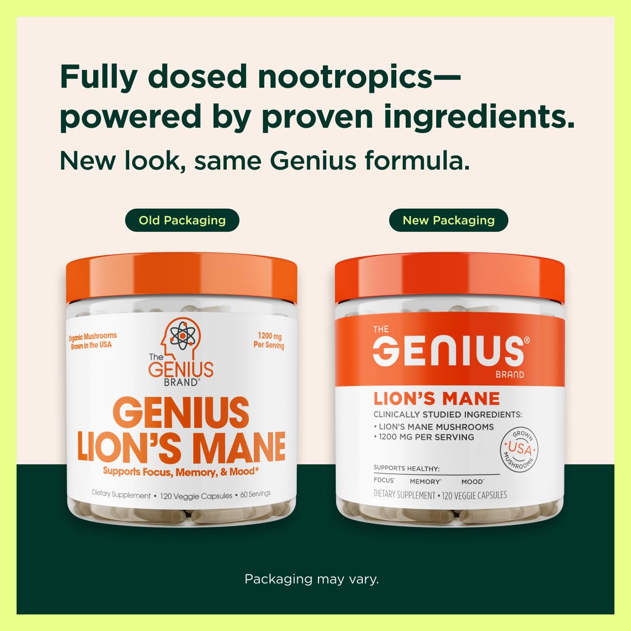 The Genius Brand Genius Lion's Mane: cápsulas vegetales orgánicas listas para uso diario.