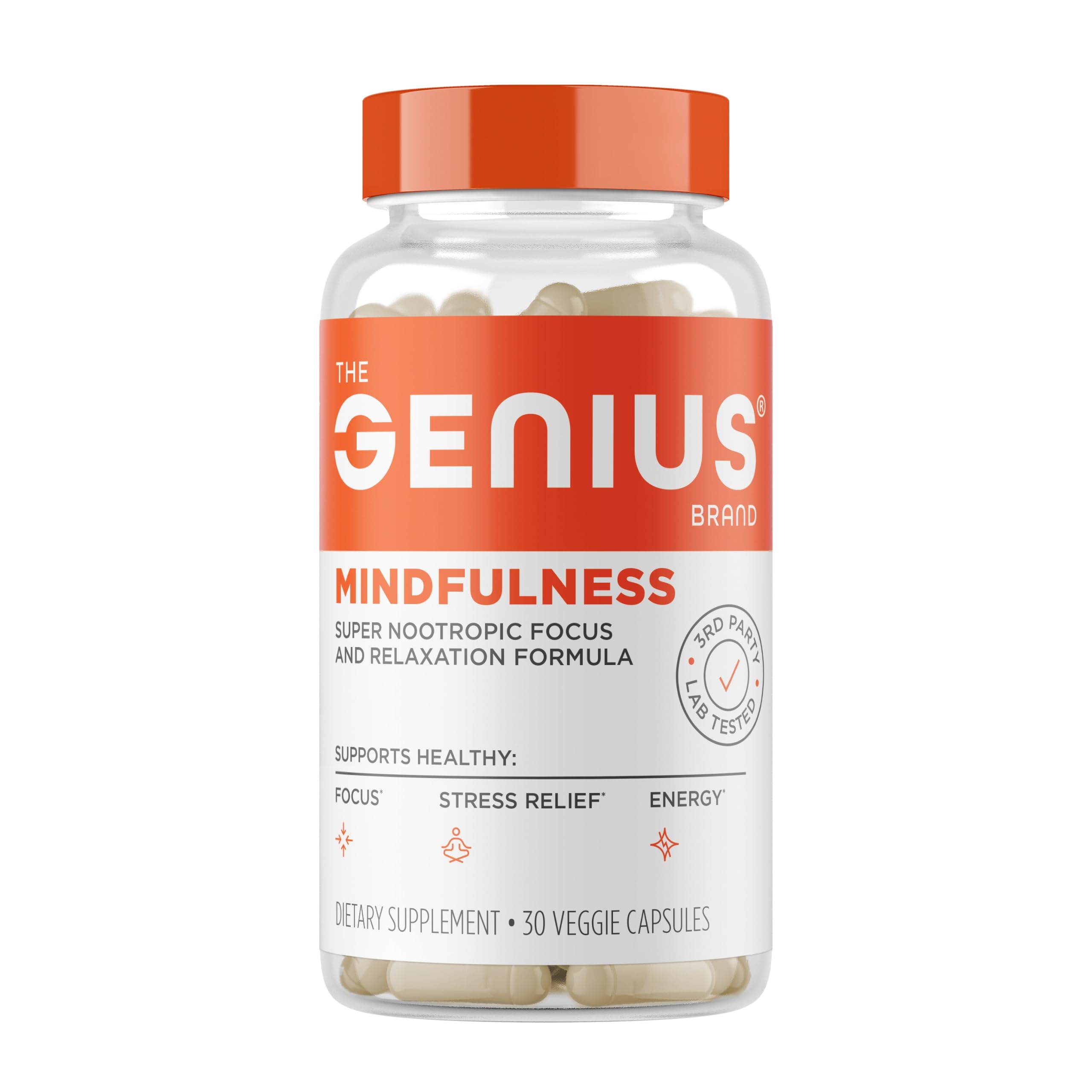 The Genius Brand Genius Mindfulness, botella de cápsulas para mayor claridad mental.
